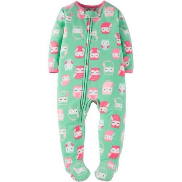 Turquoise and Pink Fleece Owl Print Footed Pajamas - Picture 1 of 5